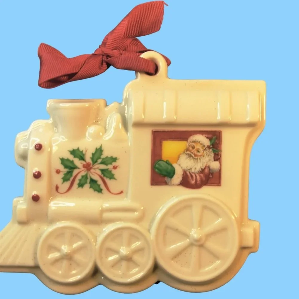 Holiday Train Cookie Press Santa Clause White Ceramic Christmas Ornament